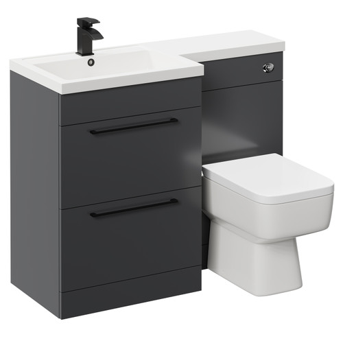 Napoli Combination Gloss Grey 1100mm Vanity Unit Toilet Suite with Left Hand L Shaped 1 Tap Hole Basin and 2 Drawers with Matt Black Handles Left Hand Side View