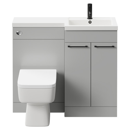 Napoli Combination Gloss Grey Pearl 1000mm Vanity Unit Toilet Suite with Right Hand L Shaped 1 Tap Hole Basin and 2 Doors with Matt Black Handles Front View