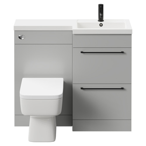 Napoli Combination Gloss Grey Pearl 1000mm Vanity Unit Toilet Suite with Right Hand L Shaped 1 Tap Hole Basin and 2 Drawers with Matt Black Handles Front View