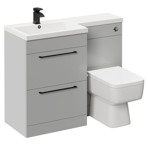 Napoli Combination Gloss Grey Pearl 1100mm Vanity Unit Toilet Suite with Left Hand L Shaped 1 Tap Hole Basin and 2 Drawers with Matt Black Handles Left Hand Side View
