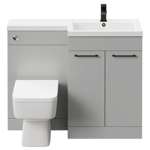 Napoli Combination Gloss Grey Pearl 1100mm Vanity Unit Toilet Suite with Right Hand L Shaped 1 Tap Hole Basin and 2 Doors with Matt Black Handles Front View