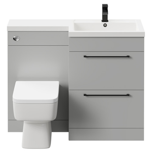 Napoli Combination Gloss Grey Pearl 1100mm Vanity Unit Toilet Suite with Right Hand L Shaped 1 Tap Hole Basin and 2 Drawers with Matt Black Handles Front View