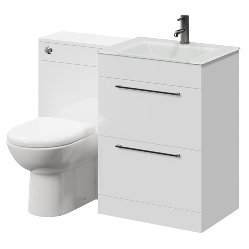 Venice Mono Gloss White 1100mm Vanity Unit Toilet Suite with White Glass 1 Tap Hole Basin and 2 Drawers with Gunmetal Grey Handles Right Hand View