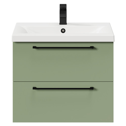 Napoli Olive Green 600mm x 390mm Wall Mounted Vanity Unit with 1 Tap Hole Basin and 2 Drawers with Matt Black Handles Front View