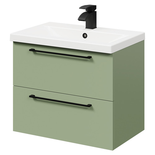 Napoli Olive Green 600mm x 390mm Wall Mounted Vanity Unit with 1 Tap Hole Basin and 2 Drawers with Matt Black Handles Right Hand Side View