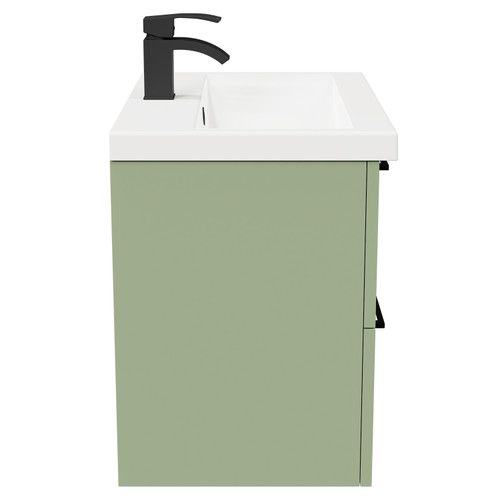 Napoli Olive Green 600mm x 390mm Wall Mounted Vanity Unit with 1 Tap Hole Basin and 2 Drawers with Matt Black Handles Side on View