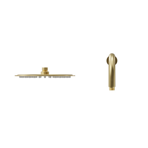 Colore Round Brushed Brass 200mm Thin Fixed Shower Head and Wall Arm Front View