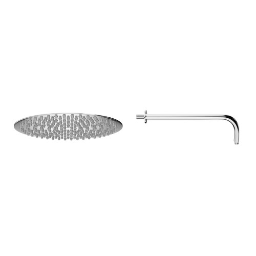 Polished Chrome 300mm Thin Round Fixed Shower Head and Wall Arm Side on View