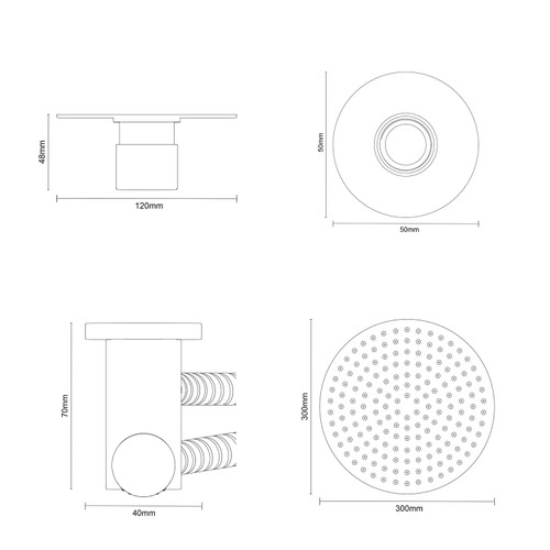 Circo Polished Chrome Triple Thermostatic Shower Valve and 300mm Thin Round Fixed Head with Ceiling Arm and Round Handset Outlet Holder Dimensions