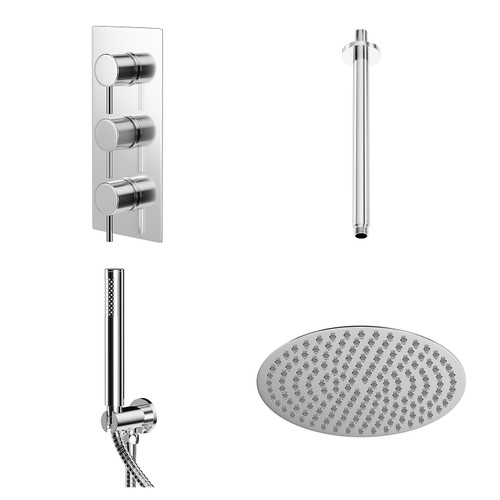 Circo Polished Chrome Triple Thermostatic Shower Valve and 300mm Thin Round Fixed Head with Ceiling Arm and Round Handset Outlet Holder Right Hand Side View