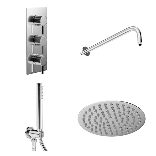 Circo Polished Chrome Triple Thermostatic Shower Valve and 200mm Thin Round Fixed Head with Wall Arm and Round Handset Outlet Holder Left Hand Side View