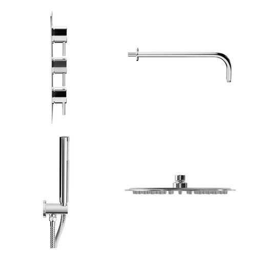 Circo Polished Chrome Triple Thermostatic Shower Valve and 200mm Thin Round Fixed Head with Wall Arm and Round Handset Outlet Holder Side on View