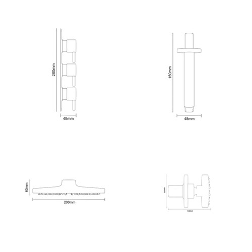 Circo Polished Chrome Triple Thermostatic Shower Valve and 200mm Round Fixed Head with Ceiling Arm and 4 Round Body Jets Dimensions