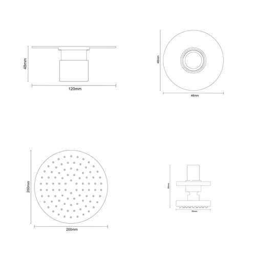 Circo Polished Chrome Triple Thermostatic Shower Valve and 200mm Round Fixed Head with Ceiling Arm and 4 Round Body Jets Dimensions