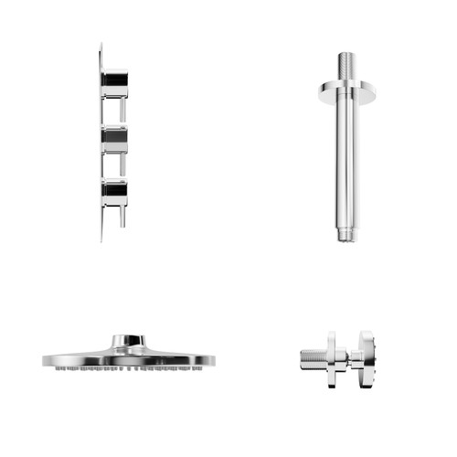 Circo Polished Chrome Triple Thermostatic Shower Valve and 200mm Round Fixed Head with Ceiling Arm and 4 Round Body Jets Side on View