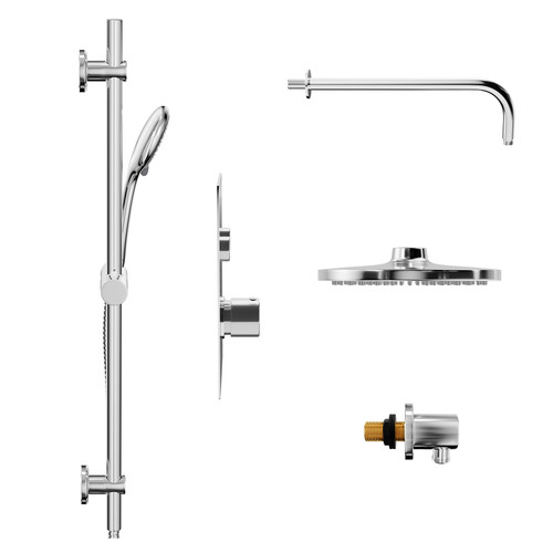 Circo Polished Chrome Concealed Push Button Twin Thermostatic Shower Valve and 200mm Round Fixed Head with Wall Arm and Clyde Slide Rail Kit with Round Elbow Side on View