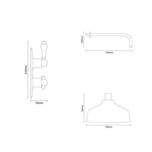 Windsor Traditional Polished Chrome Concealed Twin Thermostatic Shower Valve and 165mm Round Fixed Head with Wall Arm Dimensions