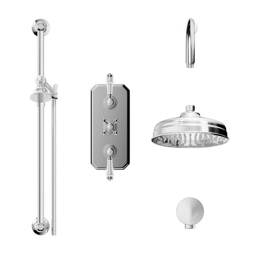 Windsor Traditional Polished Chrome Concealed Triple Thermostatic Shower Valve and 210mm Round Fixed Head with Wall Arm and Slide Rail Kit with Round Elbow Front View