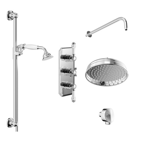 Windsor Traditional Polished Chrome Concealed Triple Thermostatic Shower Valve and 210mm Round Fixed Head with Wall Arm and Slide Rail Kit with Round Elbow Left Hand Side View