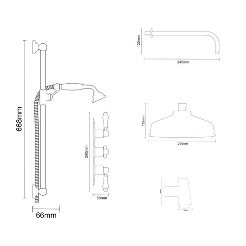Windsor Traditional Polished Chrome Concealed Triple Thermostatic Shower Valve and 210mm Round Fixed Head with Wall Arm and Slide Rail Kit with Round Elbow Dimensions