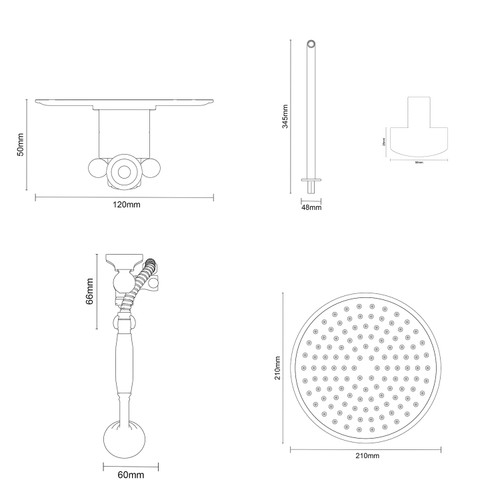 Windsor Traditional Polished Chrome Concealed Triple Thermostatic Shower Valve and 210mm Round Fixed Head with Wall Arm and Slide Rail Kit with Round Elbow Dimensions