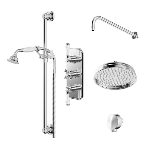 Windsor Traditional Polished Chrome Concealed Triple Thermostatic Shower Valve and 210mm Round Fixed Head with Wall Arm and Slide Rail Kit with Round Elbow Right Hand Side View