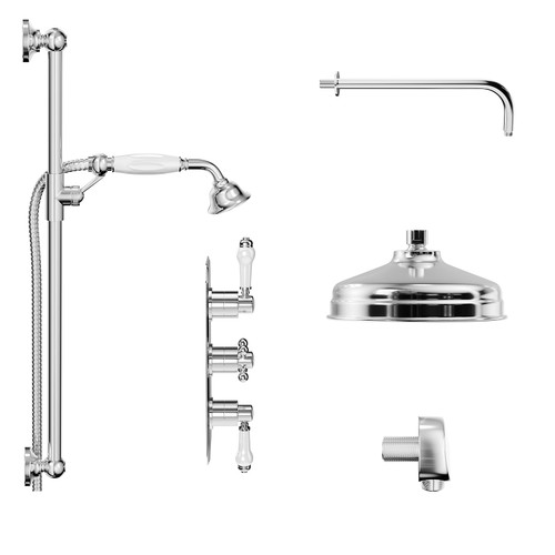 Windsor Traditional Polished Chrome Concealed Triple Thermostatic Shower Valve and 210mm Round Fixed Head with Wall Arm and Slide Rail Kit with Round Elbow Side on View