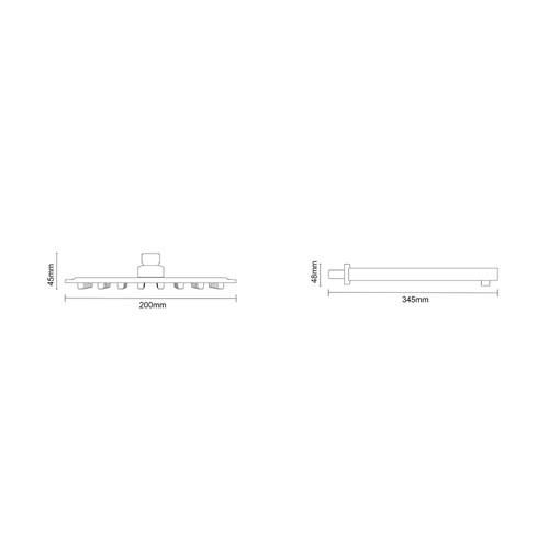 Colore Square Matt Black 200mm Thin Fixed Shower Head and Wall Arm Dimensions