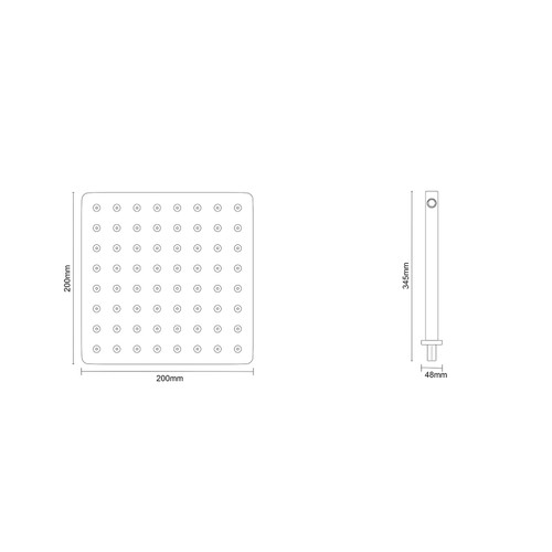 Colore Square Matt Black 200mm Thin Fixed Shower Head and Wall Arm Dimensions