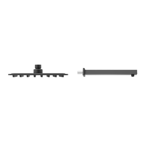 Colore Square Matt Black 200mm Thin Fixed Shower Head and Wall Arm Side on View