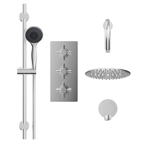 Cross Polished Chrome Concealed Triple Thermostatic Shower Valve and 200mm Thin Round Fixed Head with Wall Arm and Clyde Slide Rail Kit with Round Elbow Front View