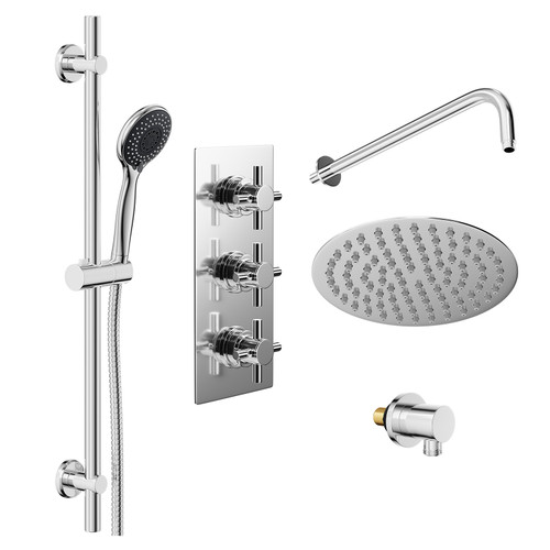 Cross Polished Chrome Concealed Triple Thermostatic Shower Valve and 200mm Thin Round Fixed Head with Wall Arm and Clyde Slide Rail Kit with Round Elbow Left Hand Side View