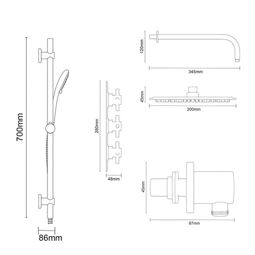 Cross Polished Chrome Concealed Triple Thermostatic Shower Valve and 200mm Thin Round Fixed Head with Wall Arm and Clyde Slide Rail Kit with Round Elbow Dimensions