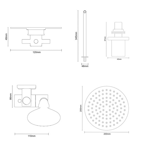 Cross Polished Chrome Concealed Triple Thermostatic Shower Valve and 200mm Thin Round Fixed Head with Wall Arm and Clyde Slide Rail Kit with Round Elbow Dimensions
