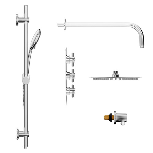 Cross Polished Chrome Concealed Triple Thermostatic Shower Valve and 200mm Thin Round Fixed Head with Wall Arm and Clyde Slide Rail Kit with Round Elbow Side on View