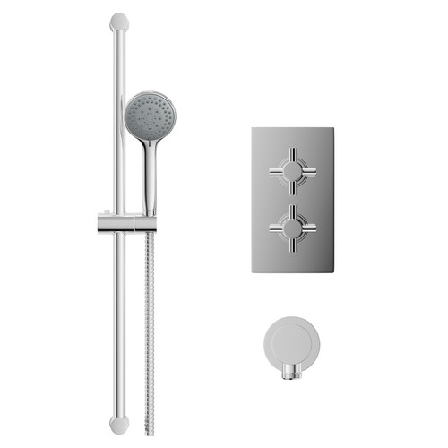 Cross Polished Chrome Concealed Twin Thermostatic Shower Valve and Sark Slide Rail Kit with Round Elbow Front View