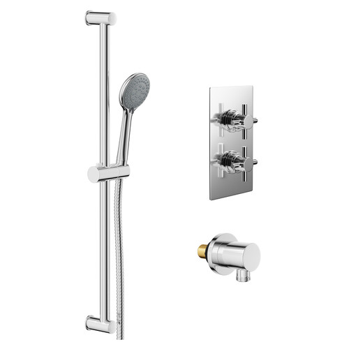 Cross Polished Chrome Concealed Twin Thermostatic Shower Valve and Sark Slide Rail Kit with Round Elbow Left Hand Side View
