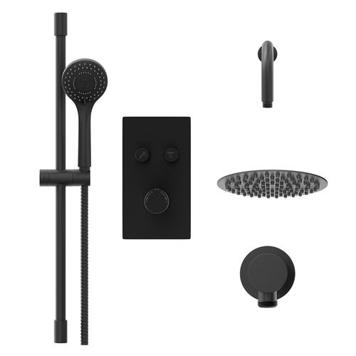 Colore Round Matt Black Concealed Push Button Twin Thermostatic Shower Valve Including 200mm Thin Round Fixed Shower Head with Wall Arm and Slide Rail Kit Front View