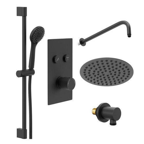 Colore Round Matt Black Concealed Push Button Twin Thermostatic Shower Valve Including 200mm Thin Round Fixed Shower Head with Wall Arm and Slide Rail Kit Left Hand Side View