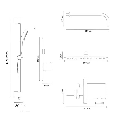 Colore Round Matt Black Concealed Push Button Twin Thermostatic Shower Valve Including 200mm Thin Round Fixed Shower Head with Wall Arm and Slide Rail Kit Dimensions