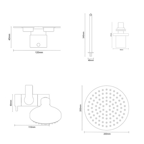 Colore Round Matt Black Concealed Push Button Twin Thermostatic Shower Valve Including 200mm Thin Round Fixed Shower Head with Wall Arm and Slide Rail Kit Dimensions