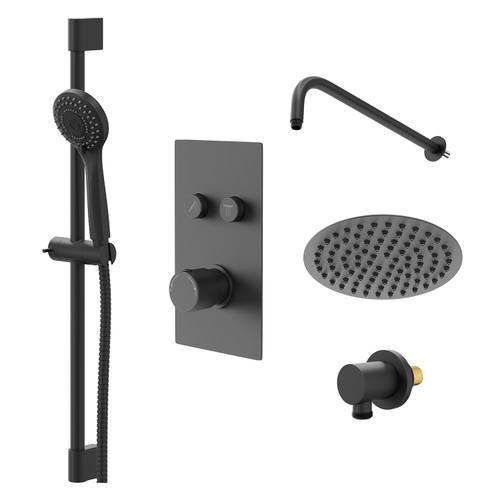 Colore Round Matt Black Concealed Push Button Twin Thermostatic Shower Valve Including 200mm Thin Round Fixed Shower Head with Wall Arm and Slide Rail Kit Right Hand Side View