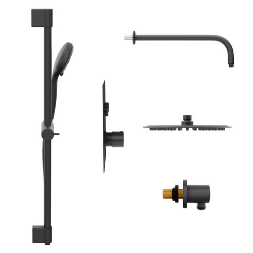 Colore Round Matt Black Concealed Push Button Twin Thermostatic Shower Valve Including 200mm Thin Round Fixed Shower Head with Wall Arm and Slide Rail Kit Side on View