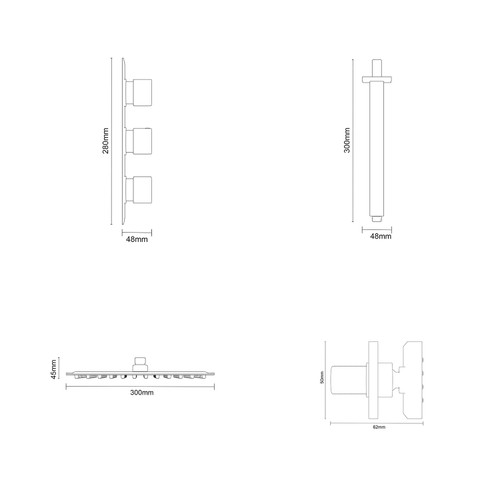 Cubix Polished Chrome Triple Thermostatic Shower Valve and 300mm Thin Square Fixed Head with Ceiling Arm and 4 Square Body Jets Dimensions