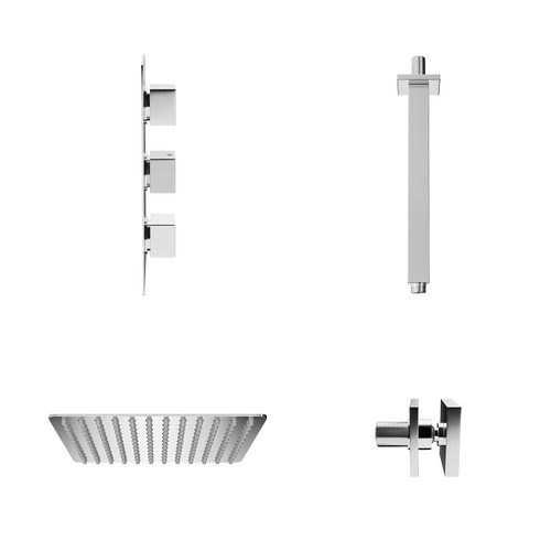 Cubix Polished Chrome Triple Thermostatic Shower Valve and 300mm Thin Square Fixed Head with Ceiling Arm and 4 Square Body Jets Side on View