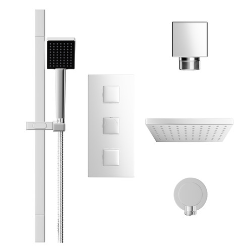 Cubix Polished Chrome Triple Thermostatic Shower Valve and 200mm Square Fixed Head with Wall Arm and Severn Shower Slide Rail Kit with Round Elbow Front View