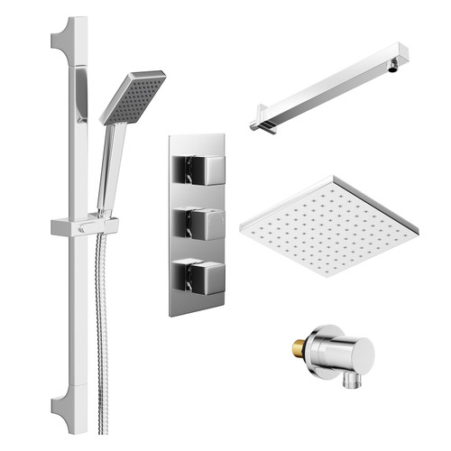 Cubix Polished Chrome Triple Thermostatic Shower Valve and 200mm Square Fixed Head with Wall Arm and Severn Shower Slide Rail Kit with Round Elbow Left Hand Side View