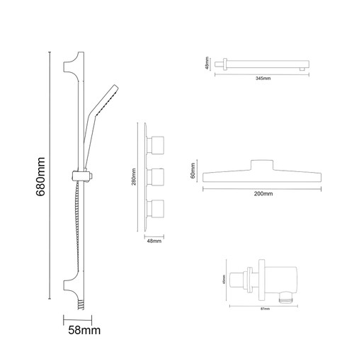 Cubix Polished Chrome Triple Thermostatic Shower Valve and 200mm Square Fixed Head with Wall Arm and Severn Shower Slide Rail Kit with Round Elbow Dimensions