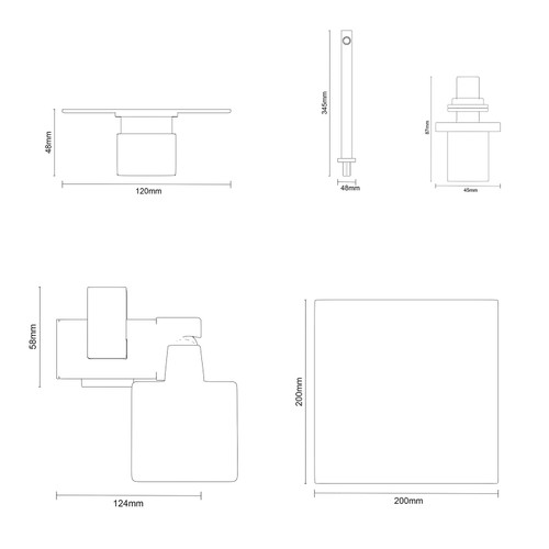 Cubix Polished Chrome Triple Thermostatic Shower Valve and 200mm Square Fixed Head with Wall Arm and Severn Shower Slide Rail Kit with Round Elbow Dimensions