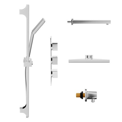 Cubix Polished Chrome Triple Thermostatic Shower Valve and 200mm Square Fixed Head with Wall Arm and Severn Shower Slide Rail Kit with Round Elbow Side on View